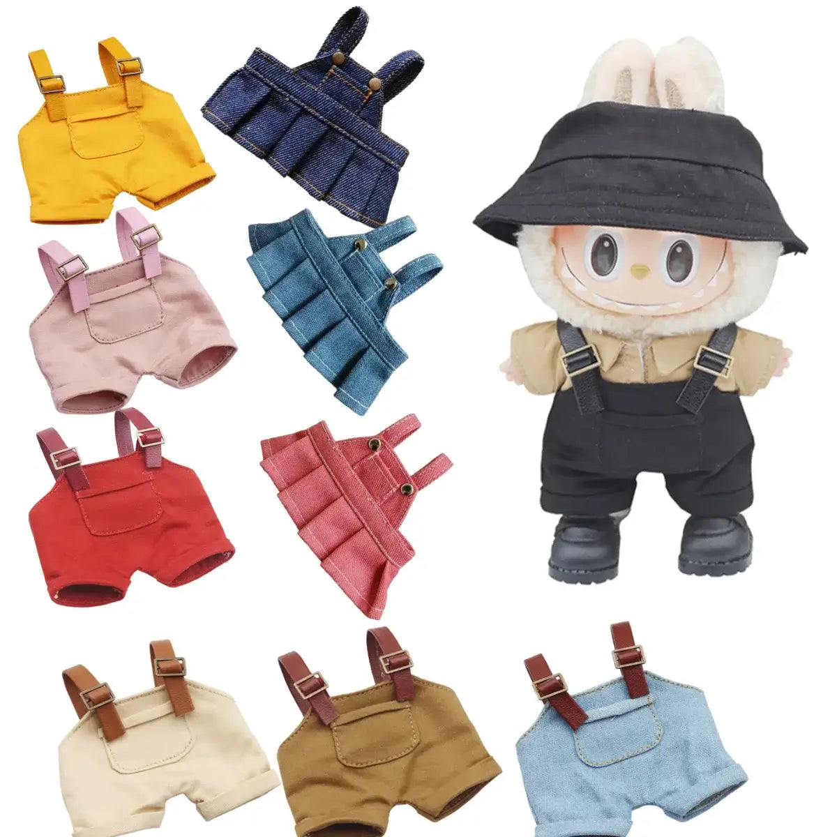 Tenue Labubu - Salopettes et Jupes Plissées à Bretelles avec poupée et diverses salopettes colorées.