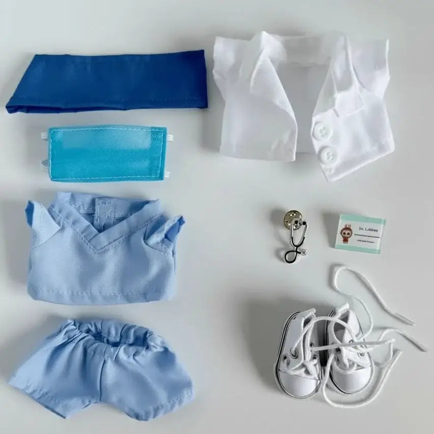 Labubu Tenues Hôpital : ensemble de vêtements de médecin avec blouse, masques et accessoires pour poupées.
