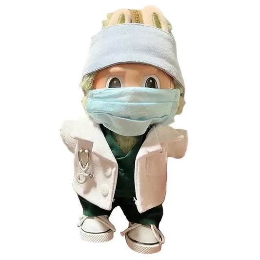 Labubu Tenues Hôpital "Médecin" 8pcs, adorable poupée médecin en tenue chirurgicale avec masque et stéthoscope.