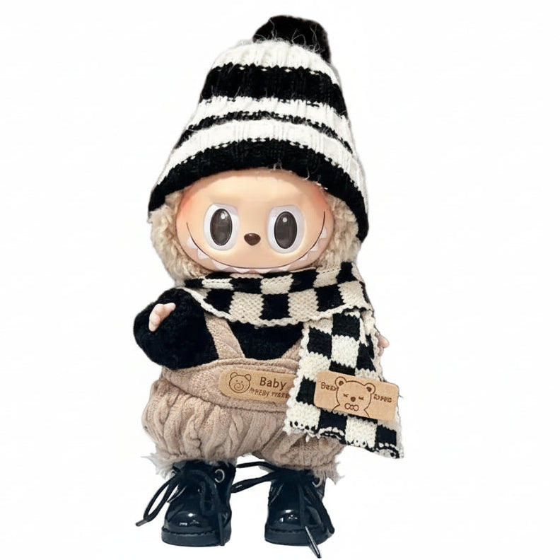Labubu Tenues - Poupée en tenue d'hiver avec écharpe, bonnet à rayures et accessoires, mode hiver pour Labubu.