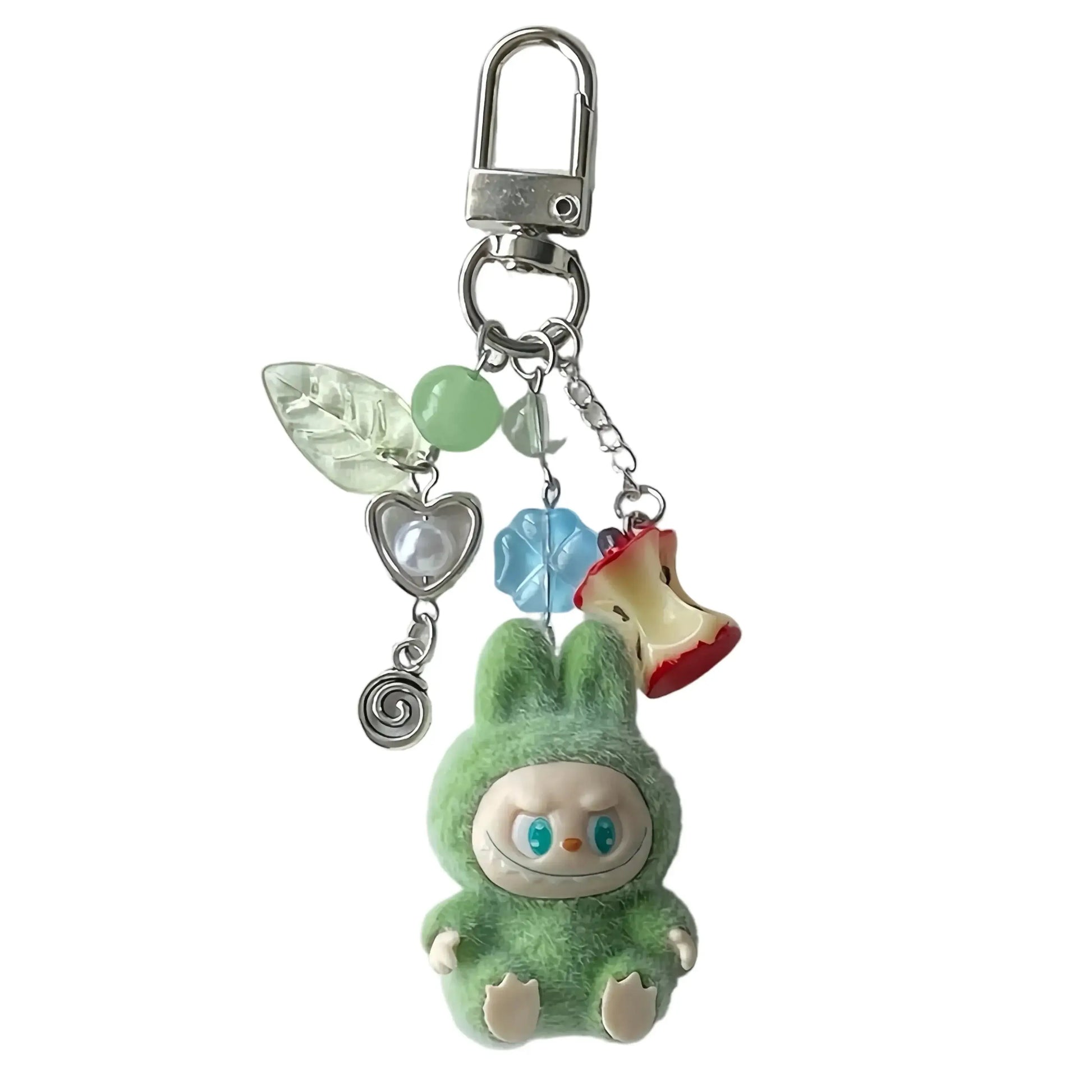 Porte-clés Labubu en peluche verte avec accessoires colorés, parfait pour personnaliser tes clés.