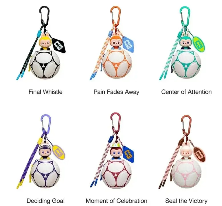 Labubu mini sacs en forme de ballon de football de la série THE MONSTERS × FIFA de Pop Mart, collection de six designs.