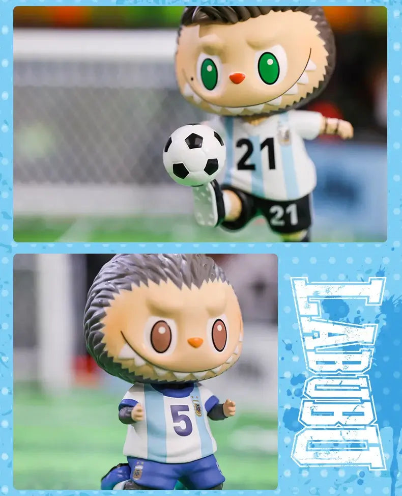 Figurines Labubu en maillots de football argentins avec ballons, collection Asociación del Fútbol Argentino AFA.