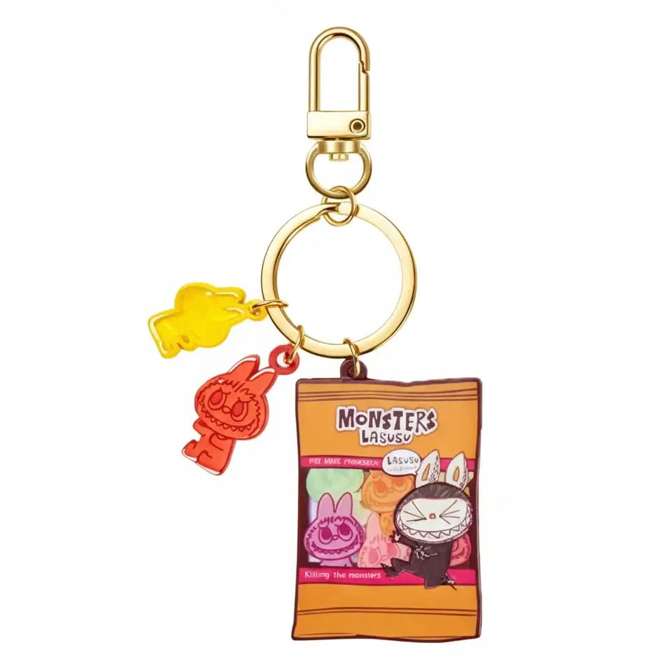 Labubu Porte-Clefs Bonbons avec porte-clés colorés et emballage inspiré de monstres.