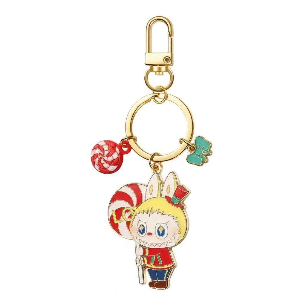 Labubu Porte-Clefs Bonbons avec personnage holding un bonbon et un trèfle, design coloré et amusant.