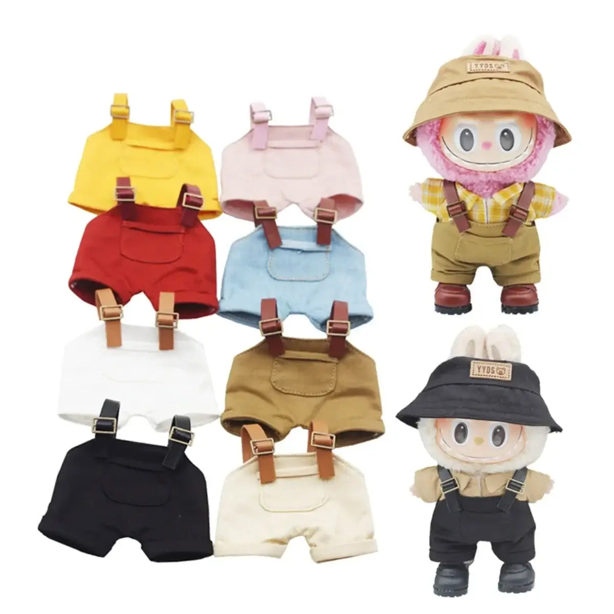 Tenue Labubu - Salopettes et Jupes Plissées à Bretelles, tenues colorées pour figurines avec salopettes et un personnage au chapeau.