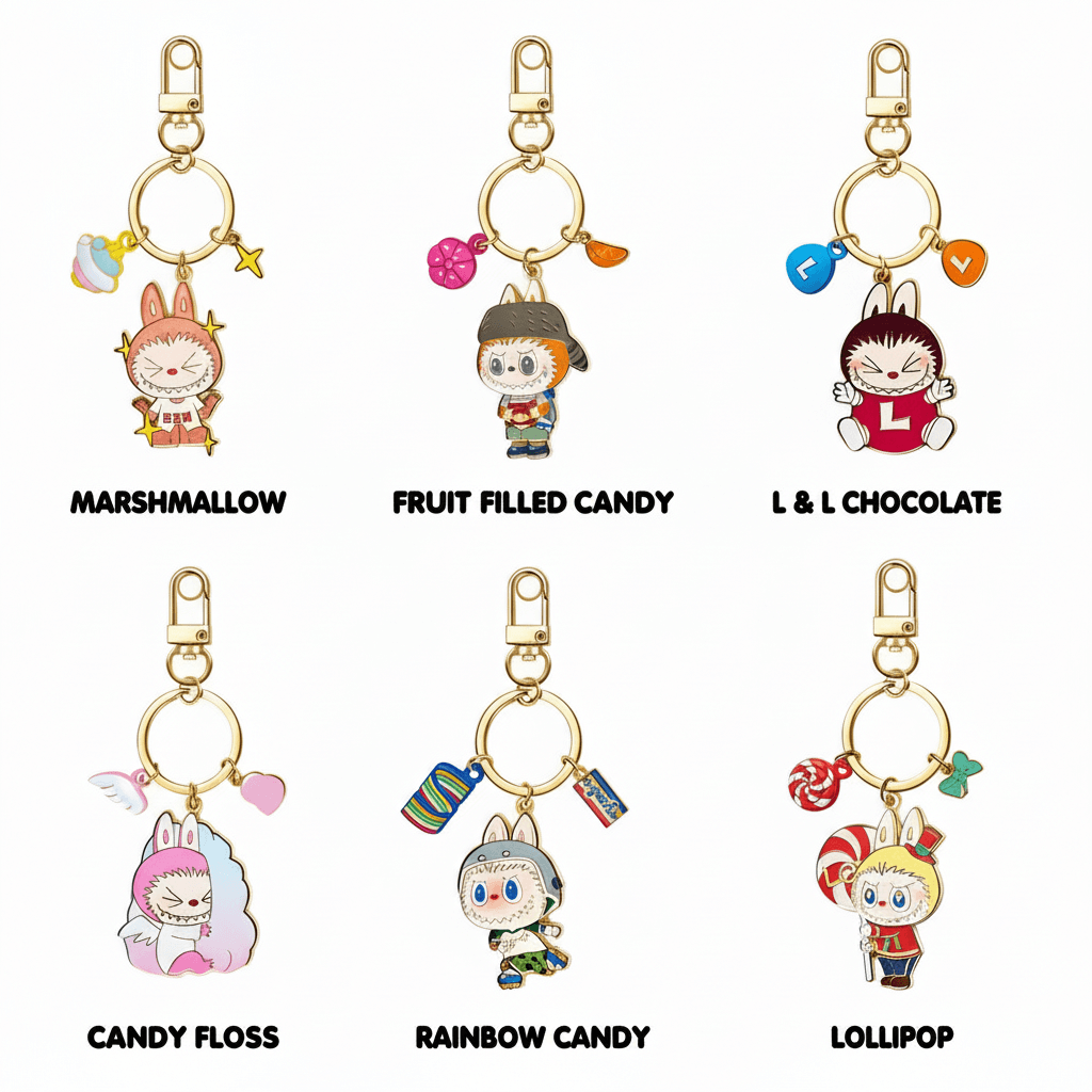 Labubu Porte-Clefs Bonbons montrant six porte-clés en forme de bonbons colorés, y compris guimauve et sucette.