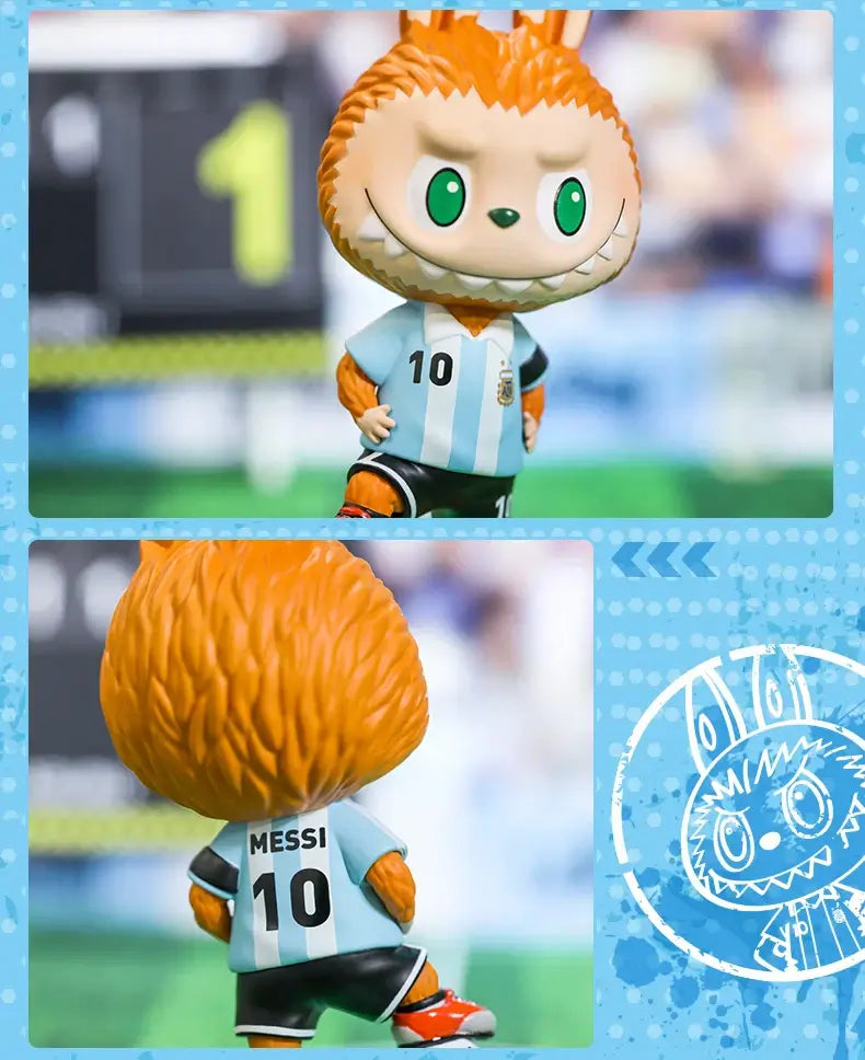 Labubu figurine de football représentant Messi avec le numéro 10, collection Asociación del Fútbol Argentino AFA.