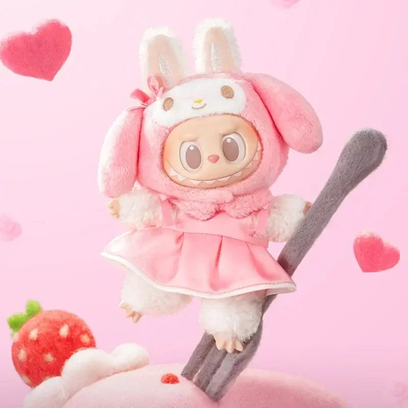 LABUBU en peluche avec un costume de lapin rose sur un fond rose et des cœurs.