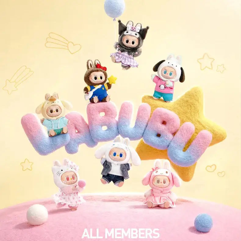 Collection de figurines LABUBU avec les personnages de Hello Kitty et Friends sur un fond pastel.