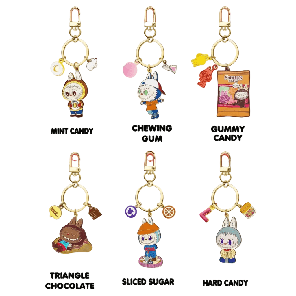 Labubu Porte-Clefs Bonbons - porte-clés avec des bonbons en formats variés, incluant menthe, gomme et sucre.