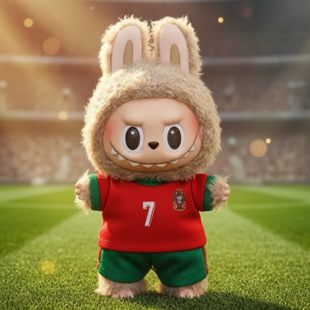 Ensemble Labubu - Personnage en maillot de football rouge avec bonnet de lapin sur terrain de football