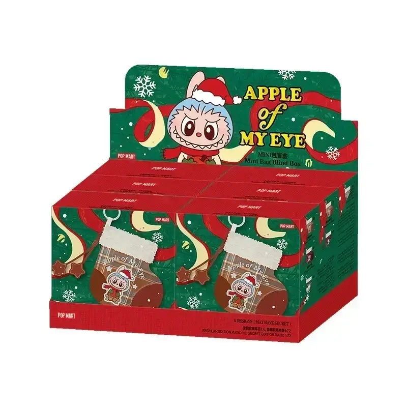 Boîte d'affichage Labubu avec figurines de la série "Apple Of My Eye" pour Noël, colorée et festive.