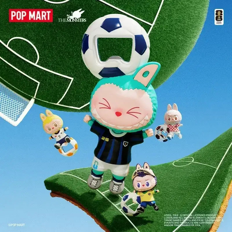 Labubu de THE MONSTERS × FIFA SERIES avec des figurines de foot sur un terrain de sport.