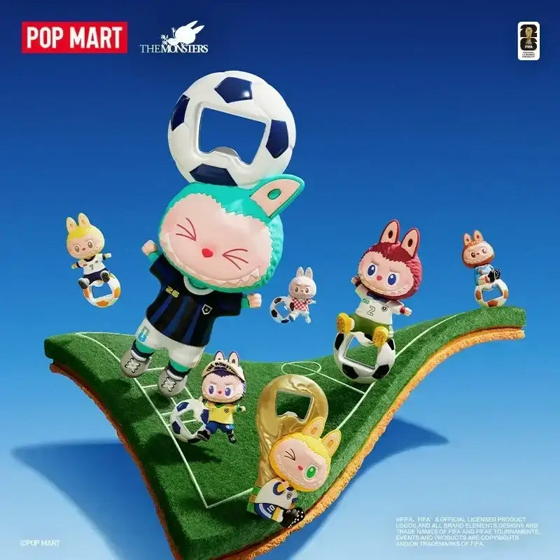 Labubu Décapsuleur magnet de la série THE MONSTERS × FIFA de POP MART sur un terrain de football.