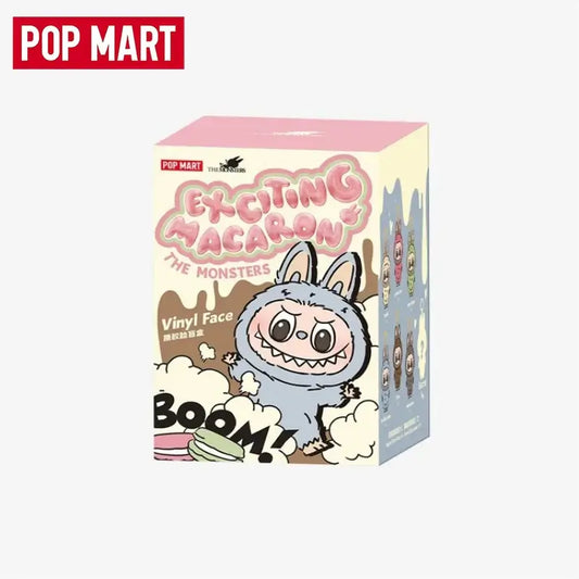 Boîte de produit Labubu "Exciting Macaron Vinyl Face" de Pop Mart avec un design amusant de monstre.
