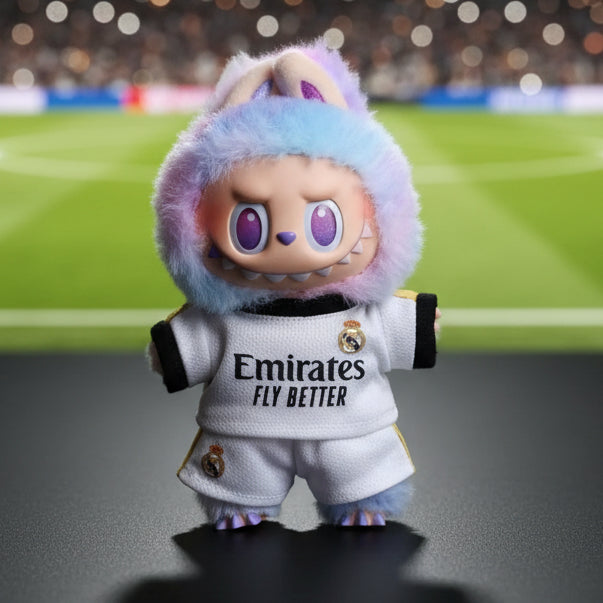 Ensembles Labubu - Figurine avec maillot de football Emirates sur un terrain, représentant le soutien pour le sport.