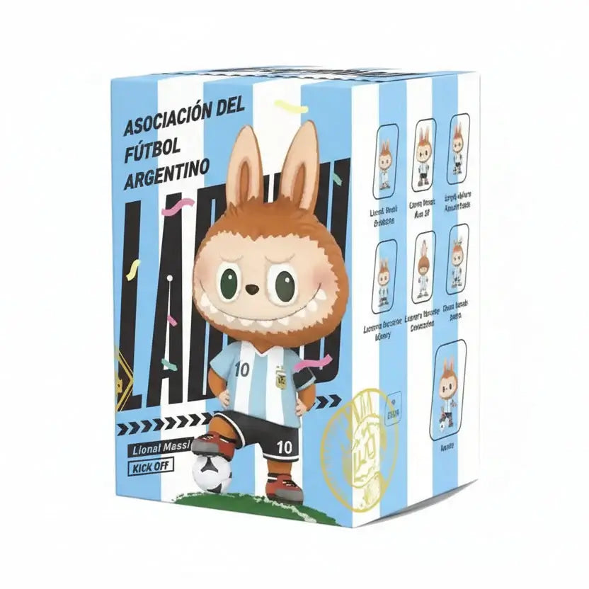 Labubu figurine de collection « Asociación del Fútbol Argentino AFA » avec Lional Messi en tenue de foot.