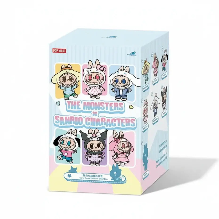 Boîte de la collection LABUBU « THE MONSTERS × Hello Kitty and Friends » de POP MART présentant divers personnages.