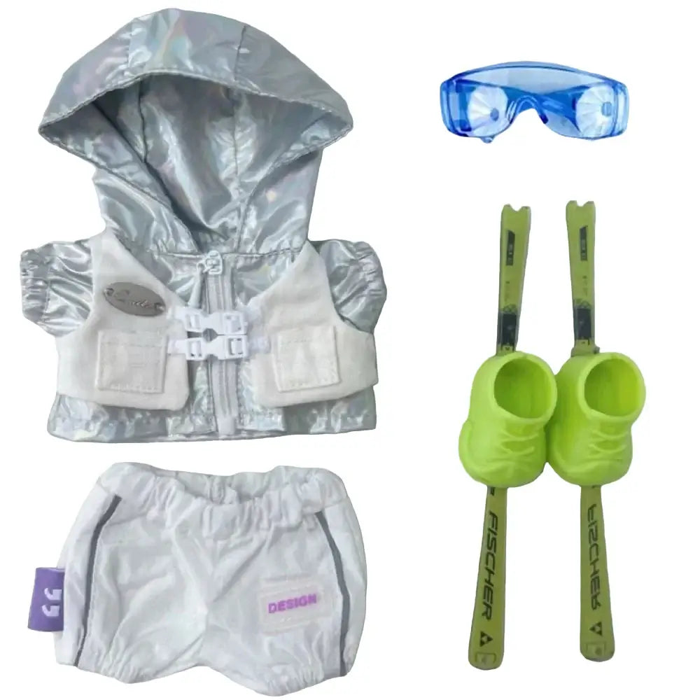 Tenue Complète Ski pour Labubu avec veste irisée, lunettes et skis, ensemble d'hiver pour enfants.
