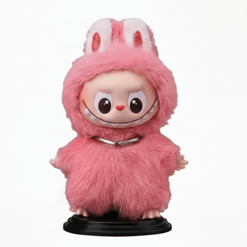 Display Premium Mylabubu – Figurine Labubu en peluche rose avec oreille de lapin.