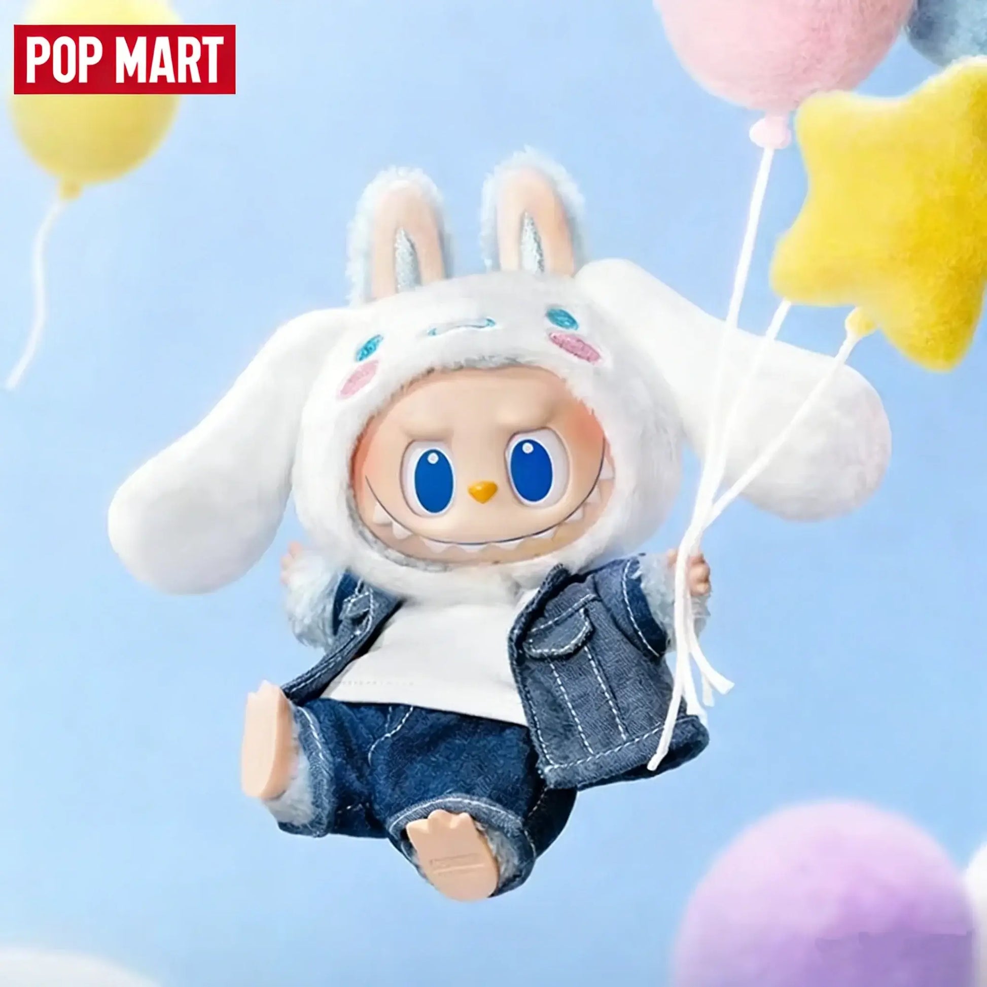 LABUBU personnage en peluche portant un costume de lapin, tenant des ballons colorés, POP MART.