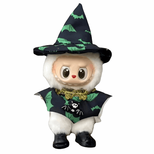 Labubu Tenues Halloween Sorcier Magique - figurine sorcière en costume avec chapeau noir et motifs de chauves-souris.